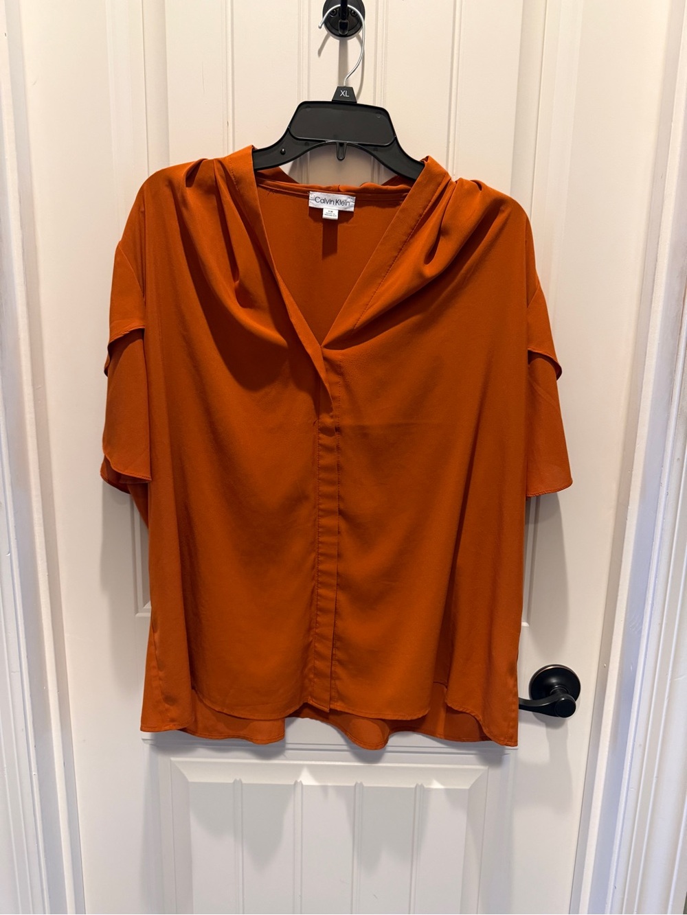 Calvin Klein Rust Orange V-Neck Draped Blouse